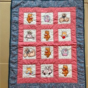 Baby Quilt Blue and Pink Stuffies and Kittens Design Vintage Style Soft and Cozy